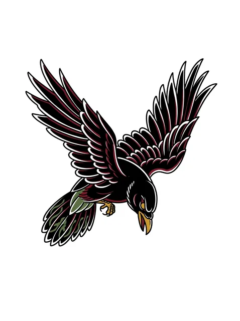 Color traditional bird tattoo design: a black bird with outstretched wings