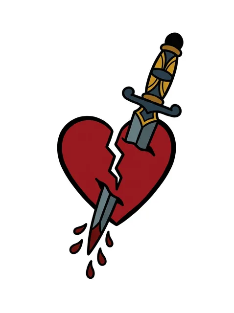 Color traditional broken heart and dagger tattoo design
