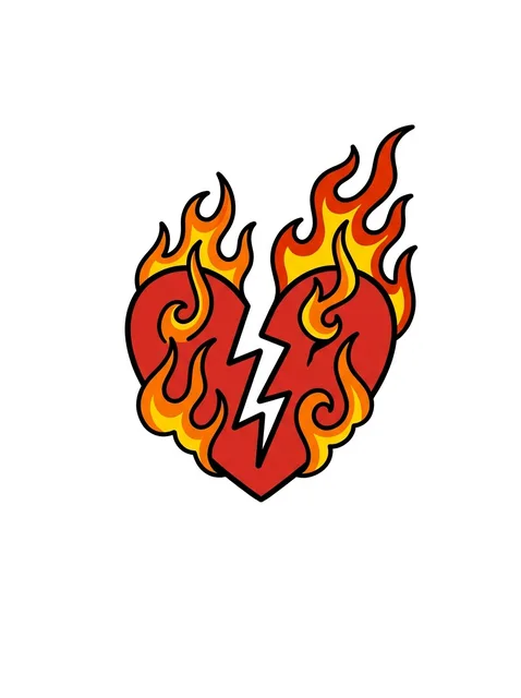 Color traditional broken heart and fire tattoo design