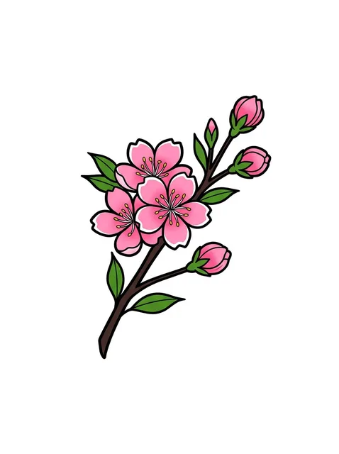Color traditional cherry blossom and flower tattoo design: a branch of cherry blossoms