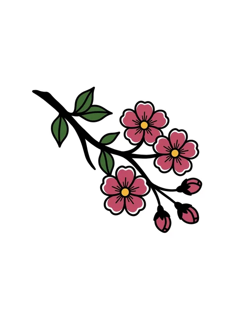 Color traditional cherry blossom and flower tattoo design: a branch of cherry blossoms