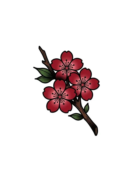 Color traditional cherry blossom and flower tattoo design