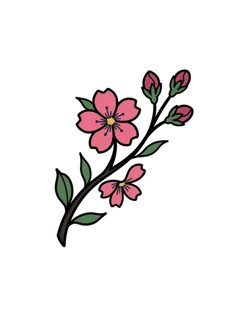 Color traditional cherry blossom and flower tattoo design: a branch of cherry blossoms