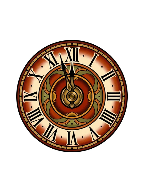 Color traditional clock tattoo design: a circular clock face with Roman numerals
