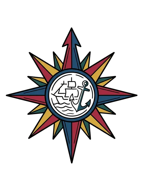 Color traditional anchor and compass tattoo design: a compass rose with a central medallion