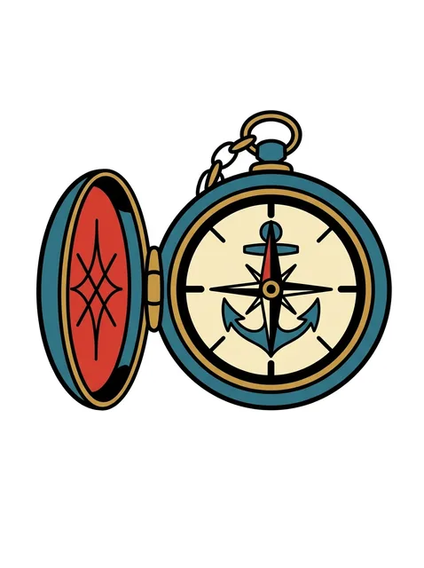 Color traditional anchor and compass tattoo design: an open pocket watch with a compass face