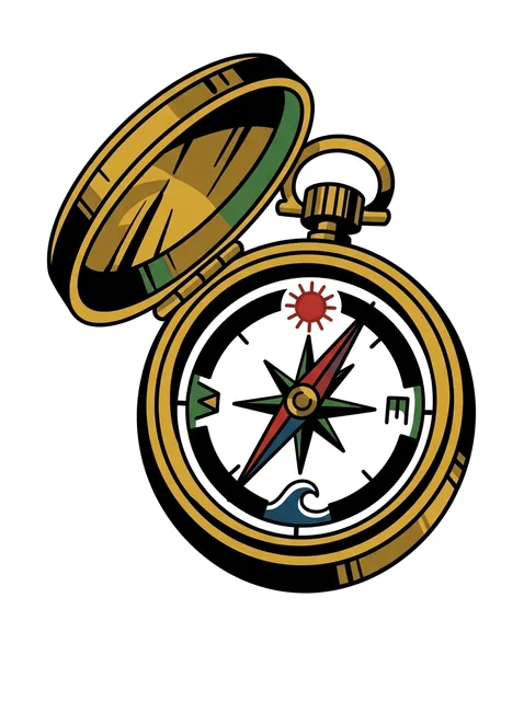 Color traditional compass and sun tattoo design: an open pocket compass