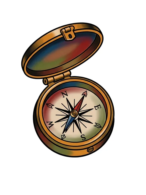 Color traditional compass tattoo design: an open golden compass