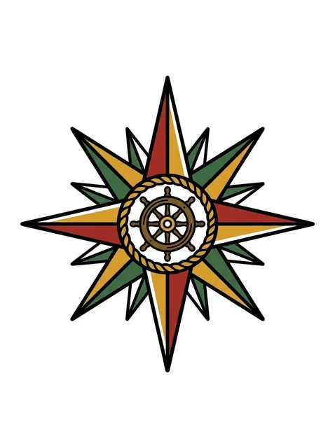 traditional Compass tattoo design, in colour
