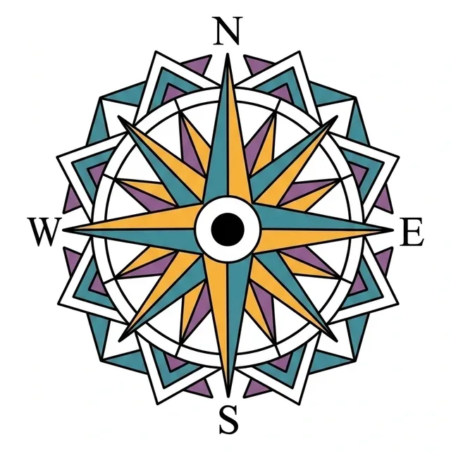 Color traditional compass tattoo design: a central starburst with teal, yellow, and purple accents