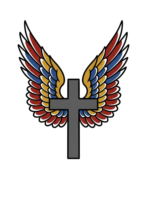 Color traditional angel wings and cross tattoo design