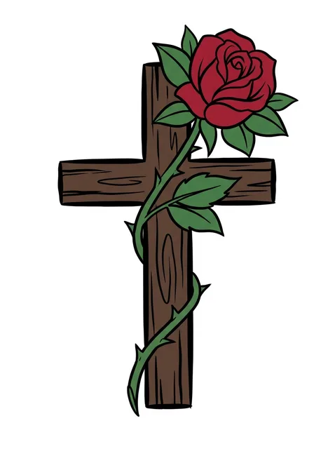 Color traditional cross and rose tattoo design