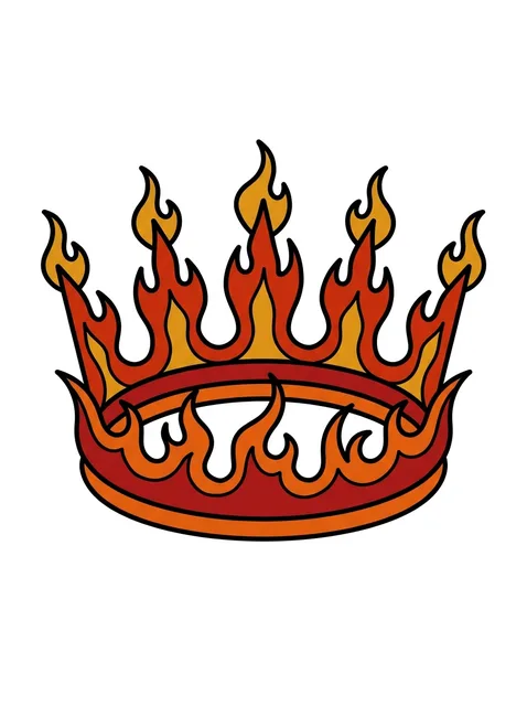 Color traditional crown and fire tattoo design: a crown crafted entirely from leaping flames