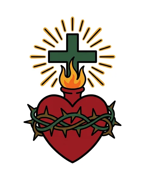 Color traditional crown of thorns and heart tattoo design