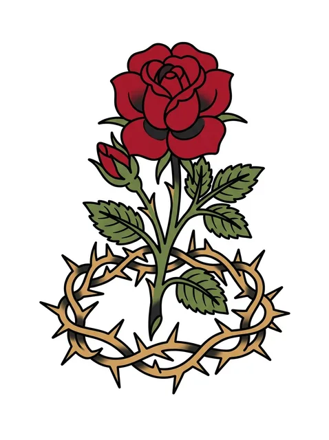 Color traditional crown of thorns and rose tattoo design