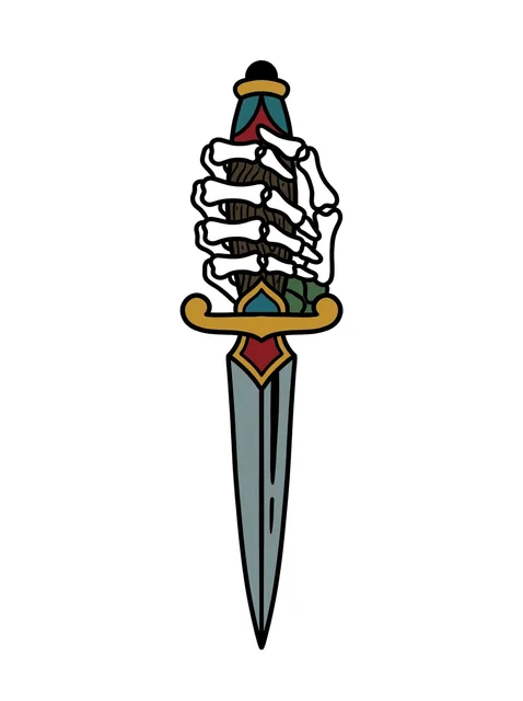 Color traditional dagger and skeleton hand tattoo design