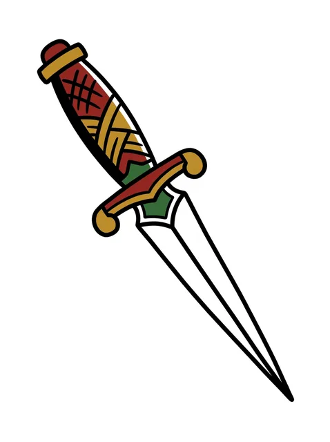 Color traditional dagger tattoo design: a dagger with a colorful hilt