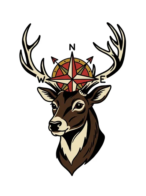 Color traditional deer and compass tattoo design