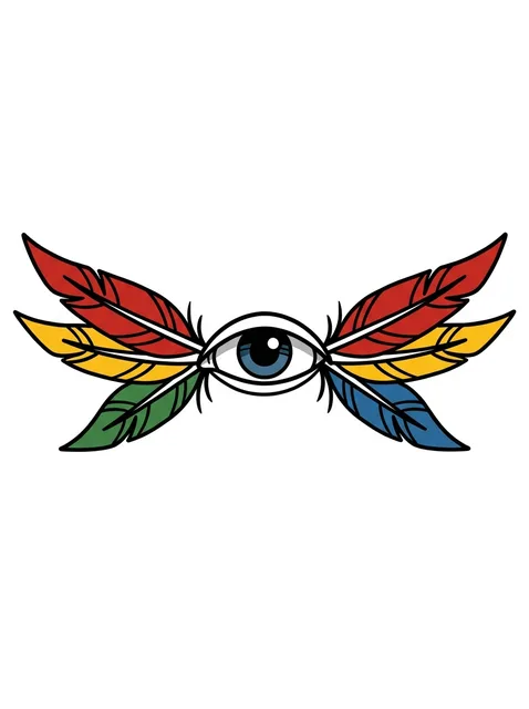 Color traditional feather and eye tattoo design