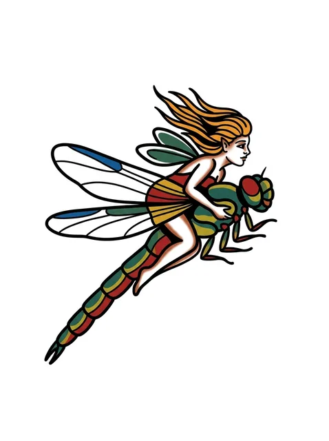 Color traditional fairy and dragonfly tattoo design