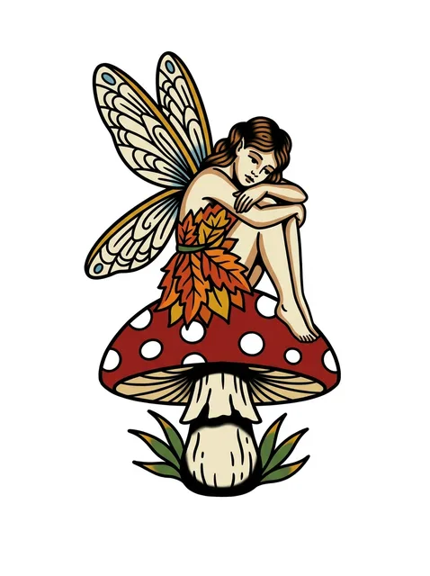 Color traditional fairy and mushroom tattoo design