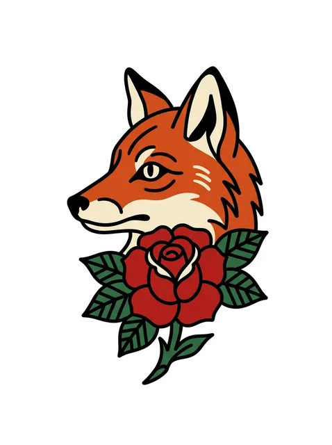Color traditional fox and rose tattoo design: a red rose and green leaves beneath its jaw