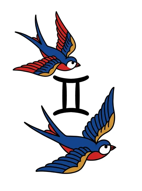 Color traditional gemini and swallow tattoo design