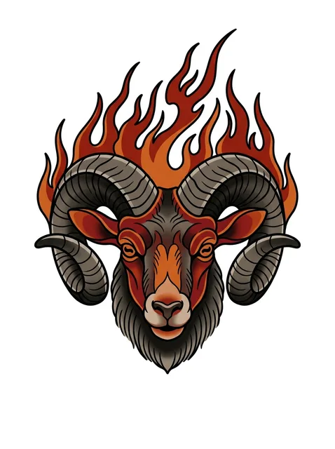 Color traditional goat and fire tattoo design: a ram's head engulfed in flames