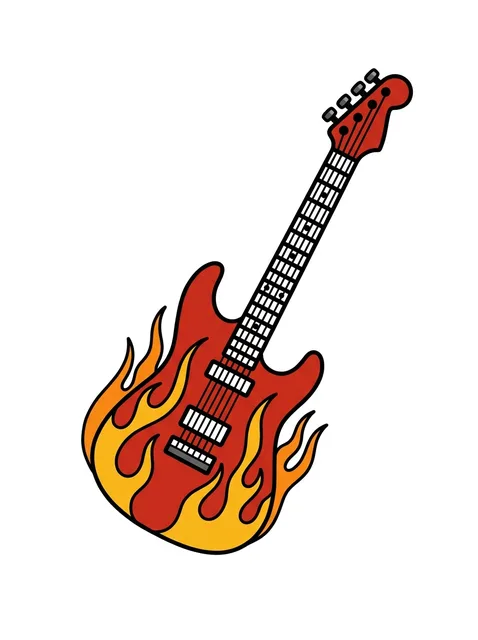 Color traditional guitar and fire tattoo design