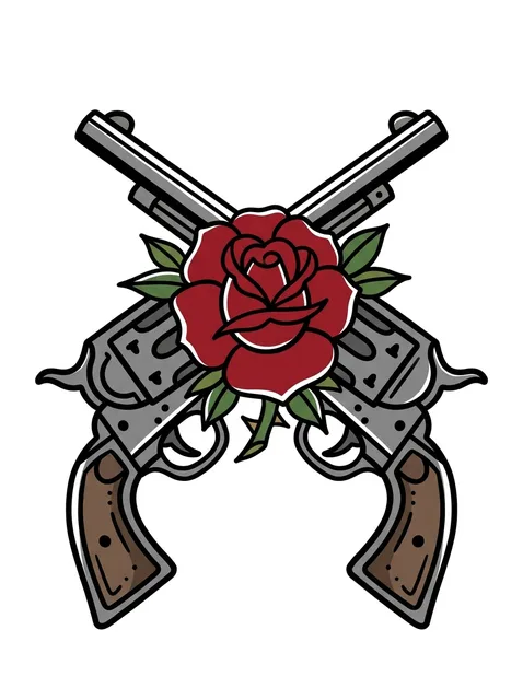 Color traditional gun and rose tattoo design