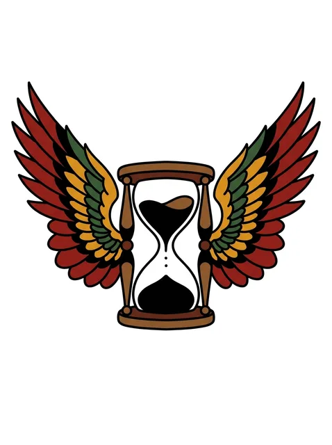 Color traditional hourglass and feather tattoo design: a winged hourglass
