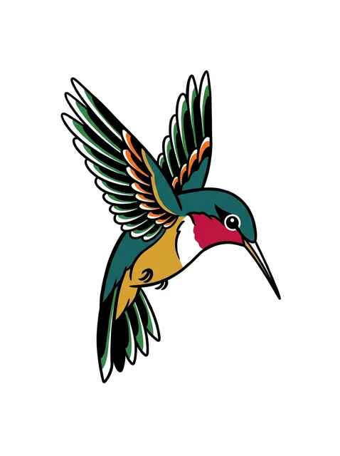Color traditional bird and hummingbird tattoo design: a hummingbird in flight