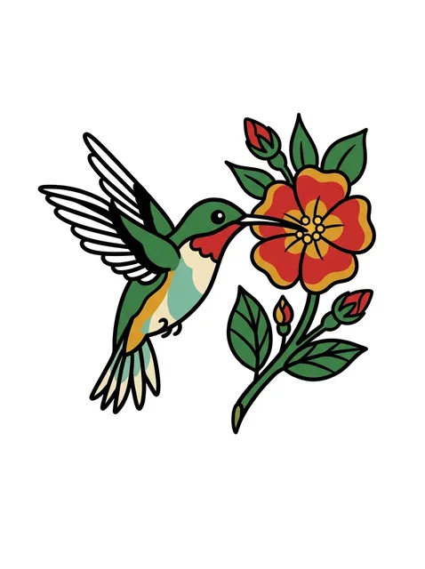 Color traditional flower and hummingbird tattoo design