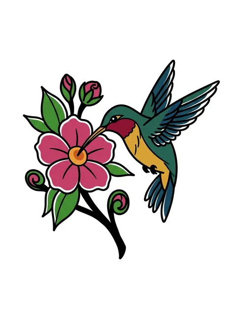 Color traditional flower and hummingbird tattoo design