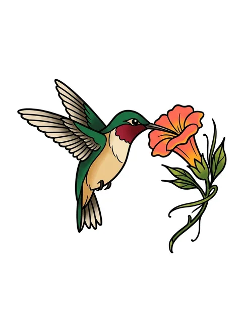 Color traditional hummingbird and flower tattoo design