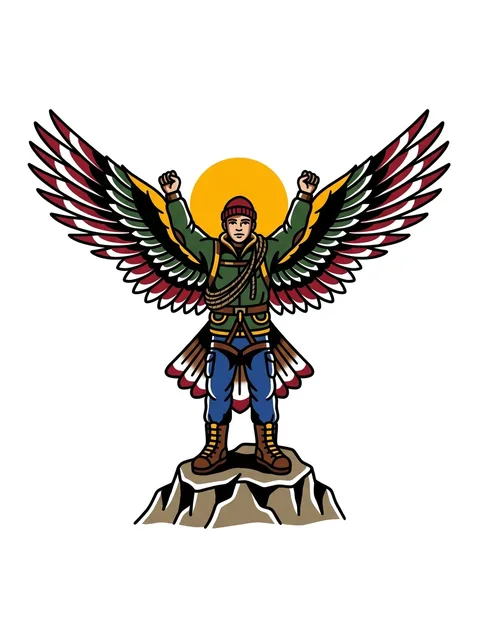 Color traditional icarus and sun tattoo design