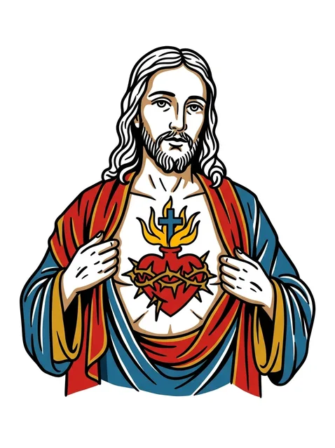 Color traditional jesus and heart tattoo design