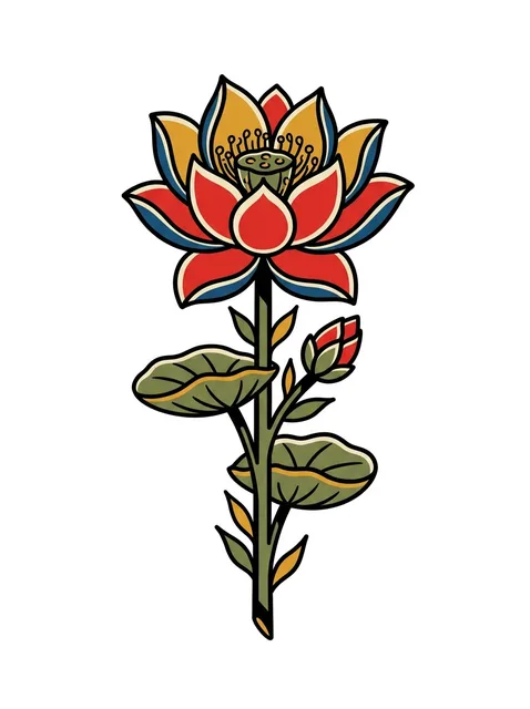 Color traditional lotus and flower tattoo design: a blooming lotus flower with a bud and leaves