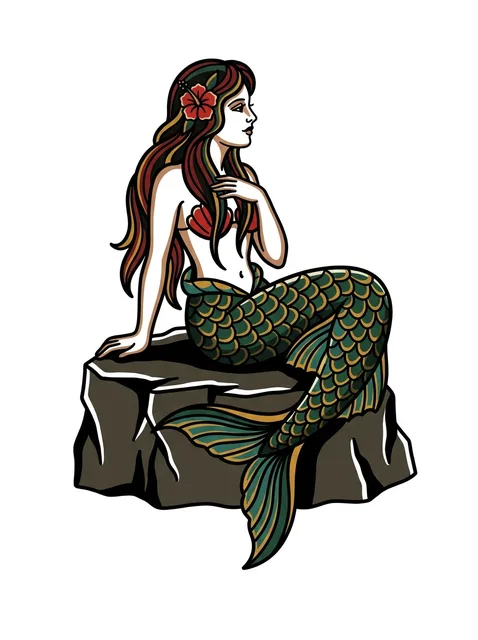 Color traditional mermaid and flower tattoo design