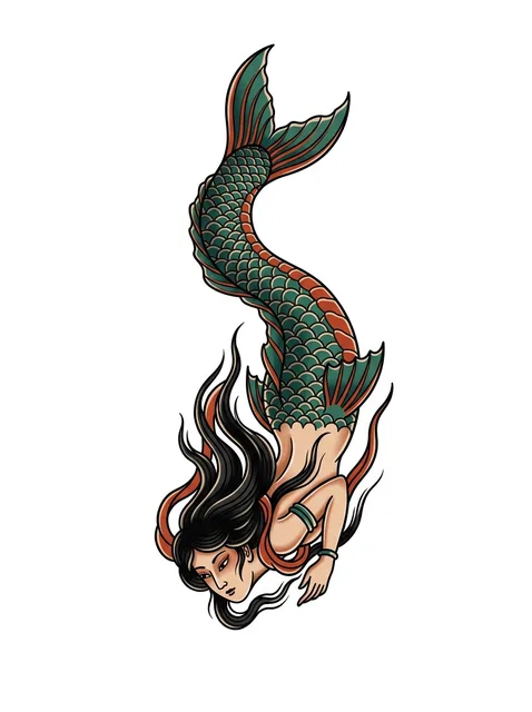 Color traditional mermaid tattoo design: a mermaid with a long, flowing dark hair and a scaled tail