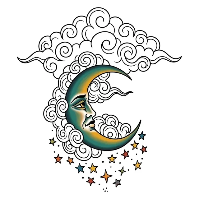 Color traditional cloud and moon tattoo design