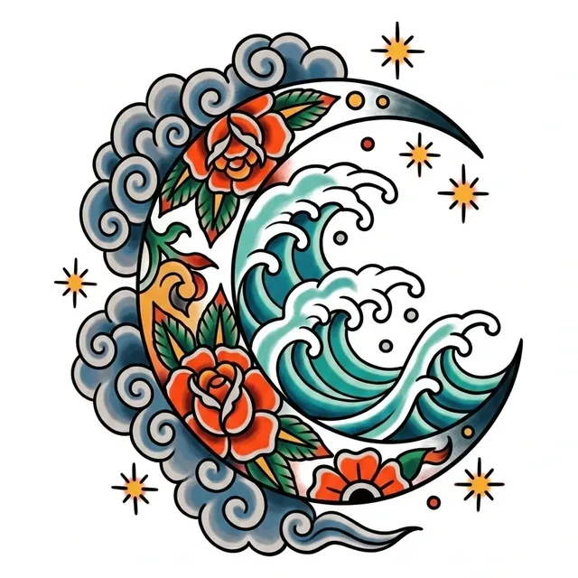 Color traditional cloud and moon tattoo design