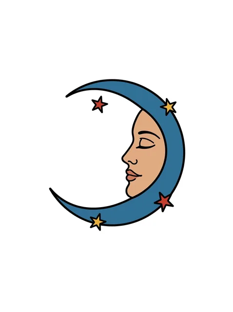 Color traditional star and moon tattoo design: a crescent moon with a serene woman's face in profile