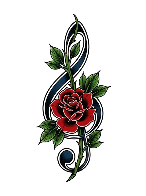Color traditional music note and rose tattoo design