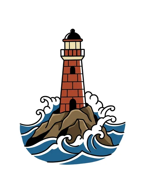 Color traditional ocean and lighthouse tattoo design: a cream lantern room and black cap