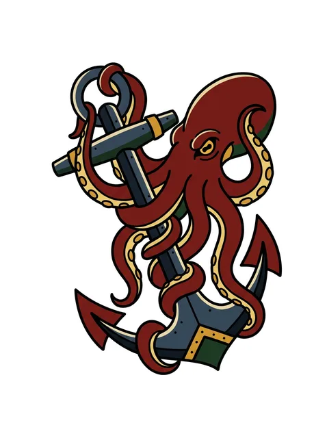 Color traditional octopus and anchor tattoo design