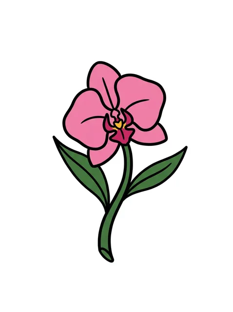 Color traditional orchid tattoo design: a yellow centre on a short green stem with two leaves