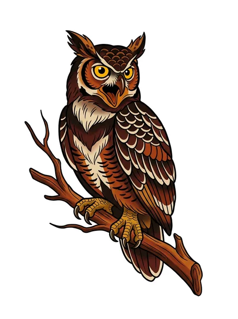 Color traditional owl and bird tattoo design: a brown owl perched on a branch