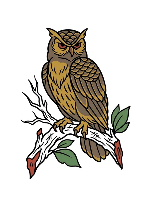 Color traditional owl and leaf tattoo design
