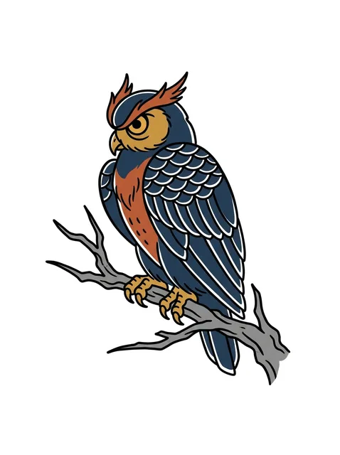 Color traditional owl tattoo design: a stern-looking owl perched on a branch